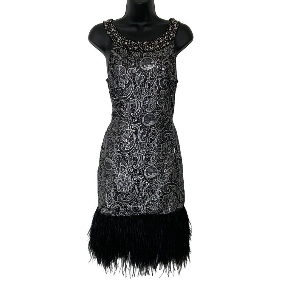 Lipsy womens  dress size 8 cut out back silver/black ostrich feather hem